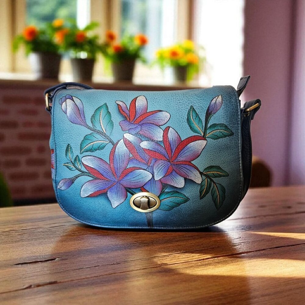Anuschka Hand Painted Leather Shoulder Bag Blue Tropical Floral Boho Turnlock